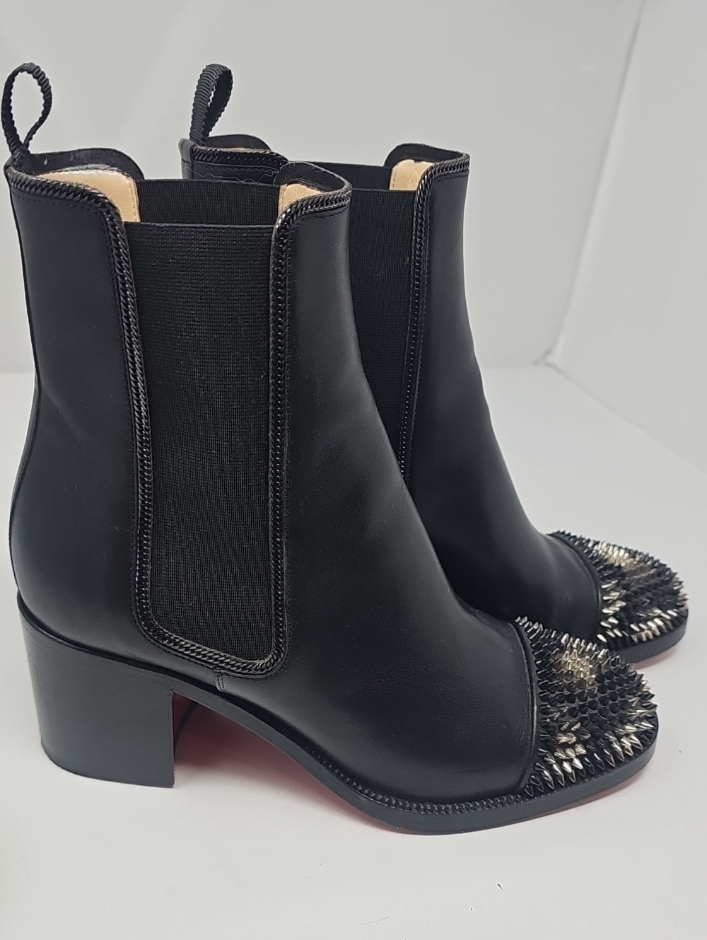 Christian Louboutin Black Leather Otaboo Booties with Spiked Toe 100% Authentic